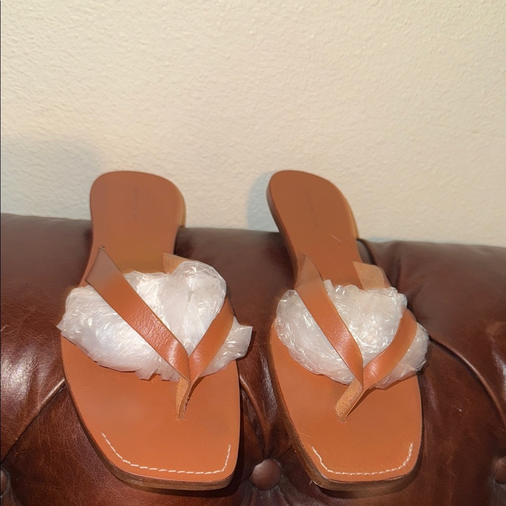 Reformation Tan Leather Square-Toe Slide Sandals